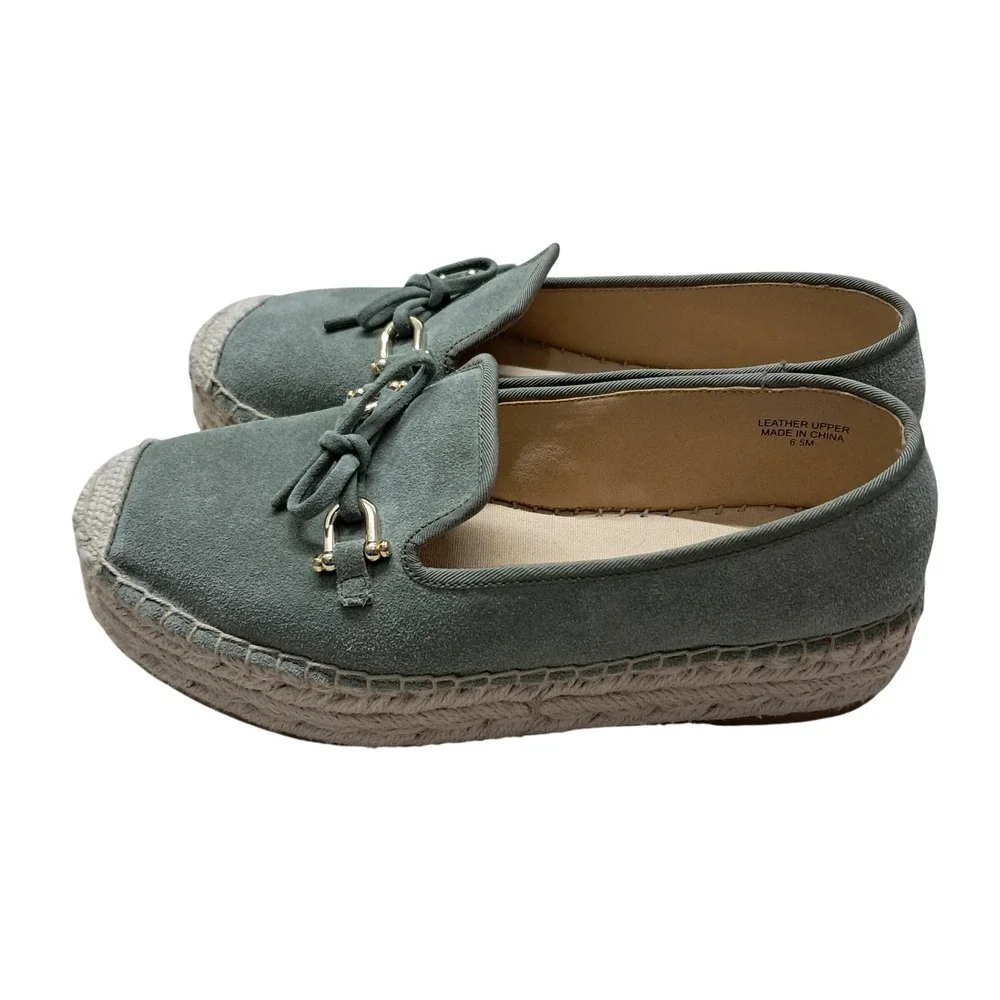 Talbots Quinn Bow Suede Platform Espadrilles Women's 6.5 Sage Green Leather‎
